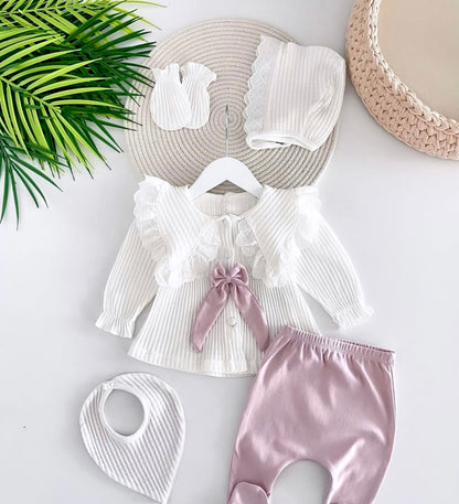 [Gamme Premium] Ensemble bébé fille 5 pièces – Blanc et lilas coton bio (0-3 mois)