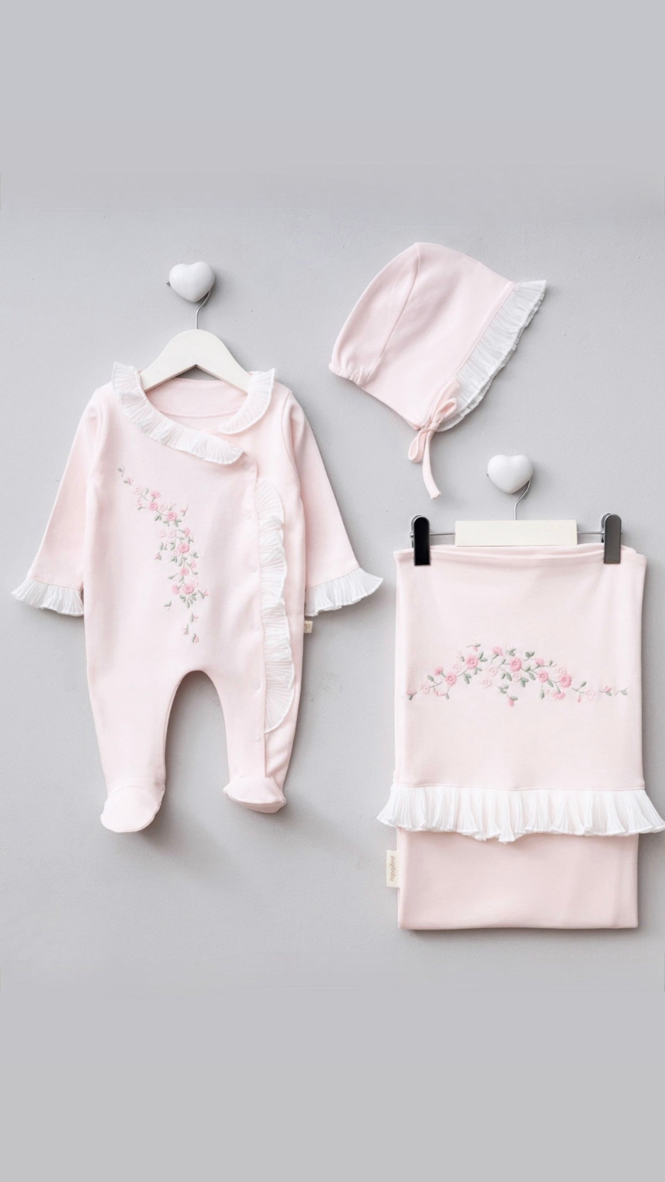 [Gamme Premium] Couverture + Ensemble bébé fille – Rose perle, coton bio (0-3 mois)