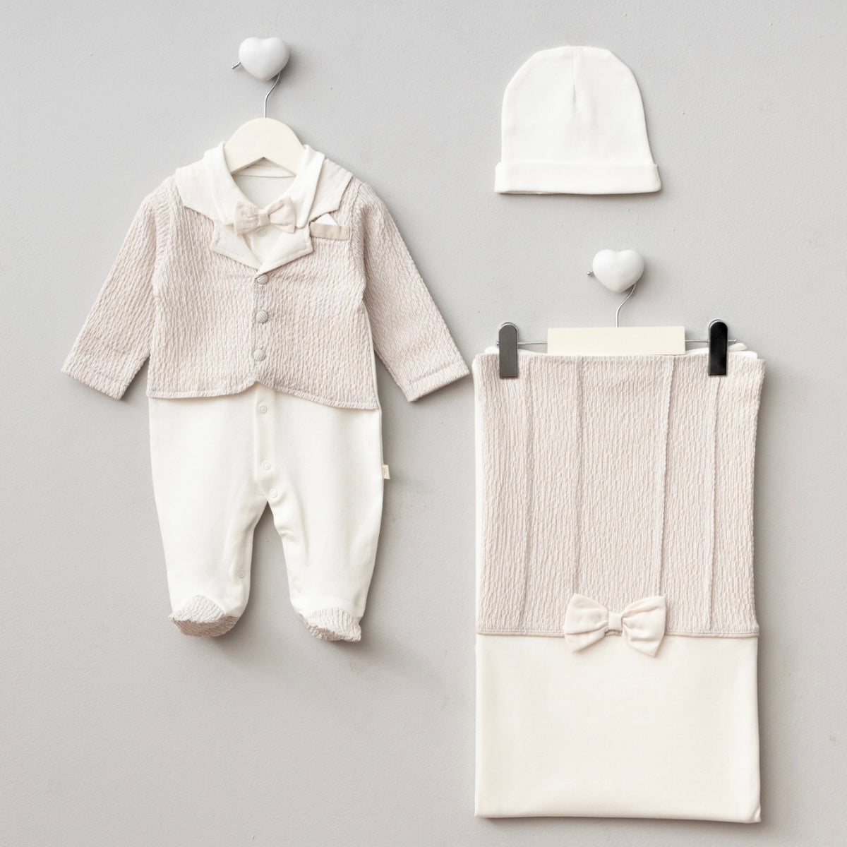 Ensemble garçon 100% coton -crème/blanc 0-3 mois