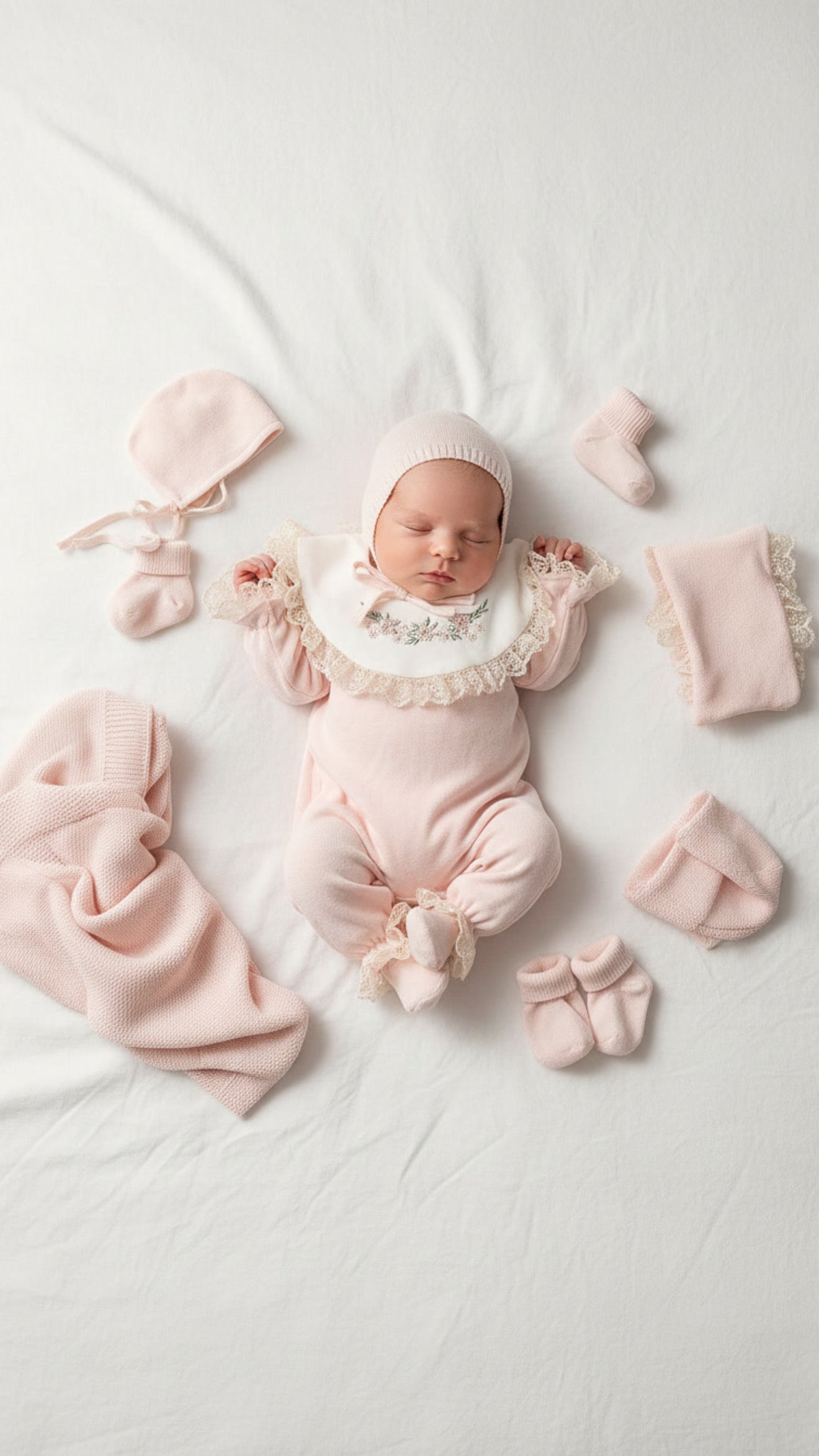 [Gamme Premium] Ensemble naissance bébé fille 5 pièces – Coton bio, tricot et velours beige (0-3 mois)- crème ou rose