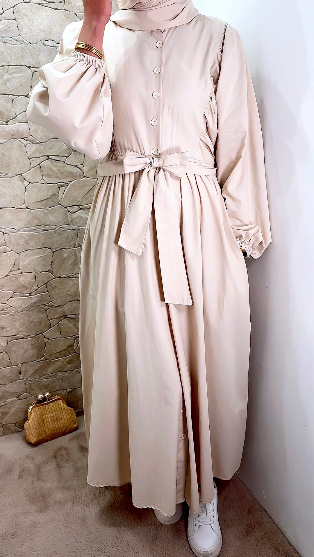 [Premium] Robe manche ballon - matière trench - noir ou crème