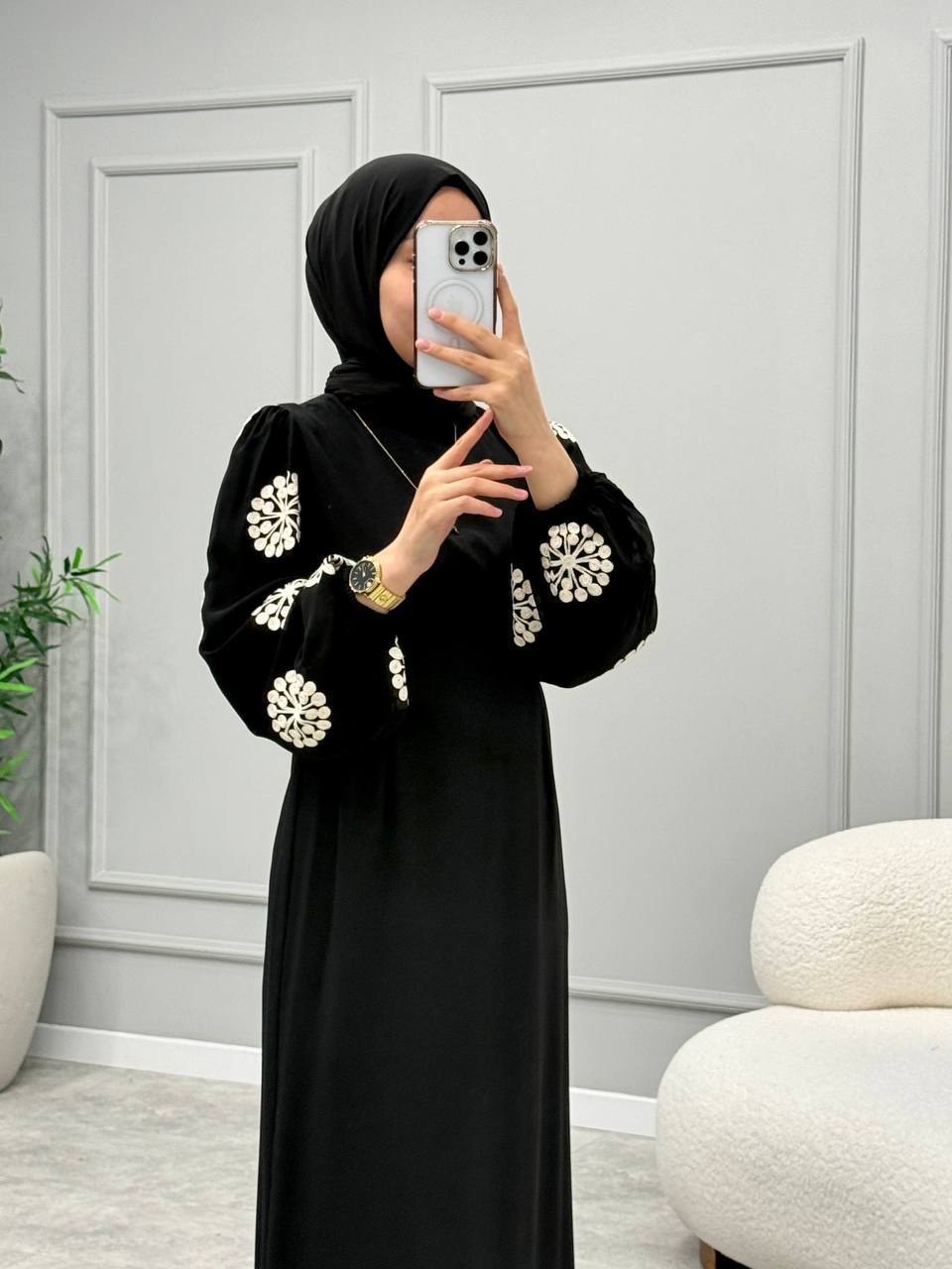 [Premium] robe manche ballon - broderie flocon - noir pur