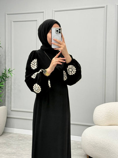 [Premium] robe manche ballon - broderie flocon - noir pur