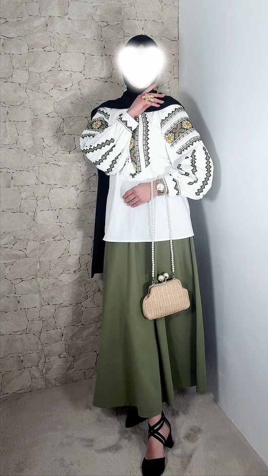 [Premium] Blouse oversize brodée - manche ballon - blanc/kaki