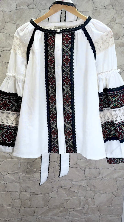 [Premium] Chemise + ceinture brodées - manche ballon - blanc