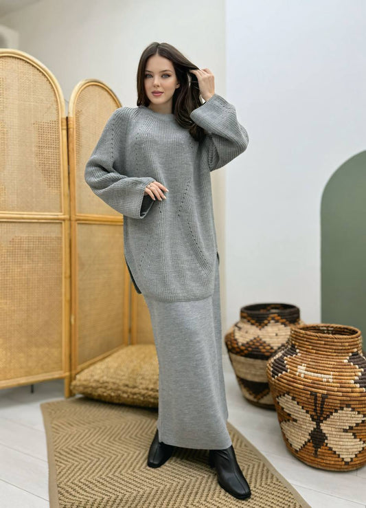 [Premium] Ensemble jupe en maille - gris ou noir