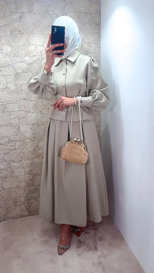 [Premium] Ensemble jupe manches ballon - prune - crème