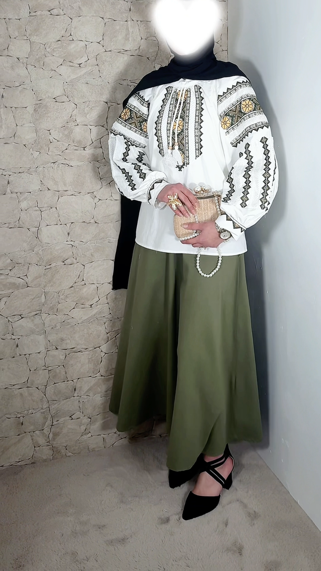 [Premium] Blouse oversize brodée - manche ballon - blanc/kaki