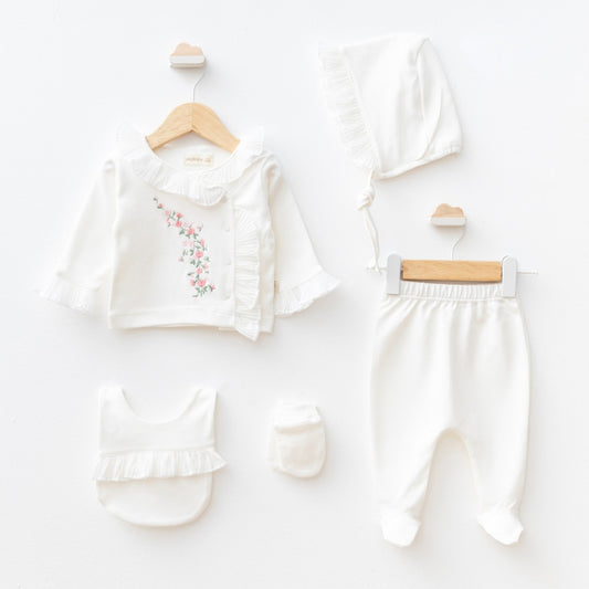 Ensemble naissance fille 5 pièces blanc en coton bio 0-3 mois avec haut, pantalon, bonnet, gants et bavoir