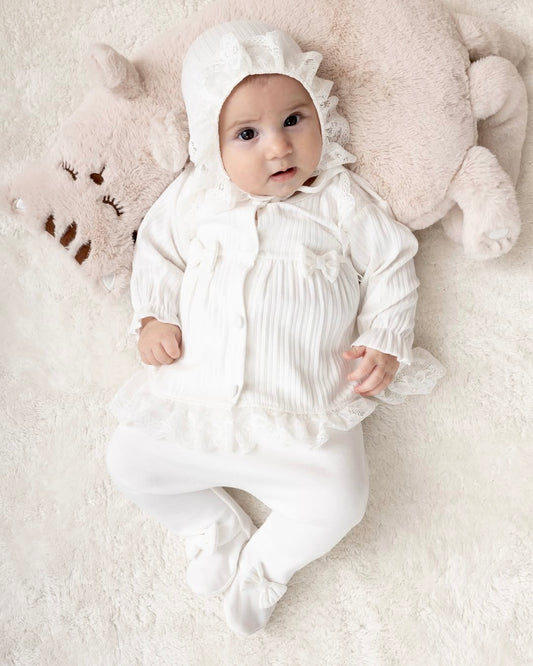 [Gamme Premium] Ensemble bébé fille 5 pièces – Blanc coton bio (0-3 mois)