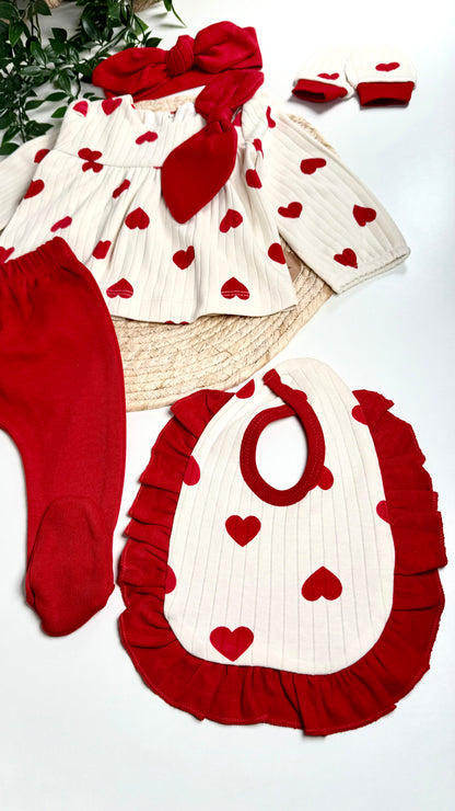 Accessoires ensemble naissance 0-3 mois – Bandana, gants et bavoir en coton premium avec détails cœur