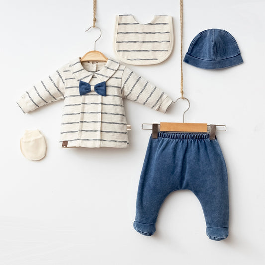 [Premium] Ensemble naissance garçon 100% coton bio bleu/crème – Haut, pantalon, bonnet, gants et bavoir – 0-3 mois