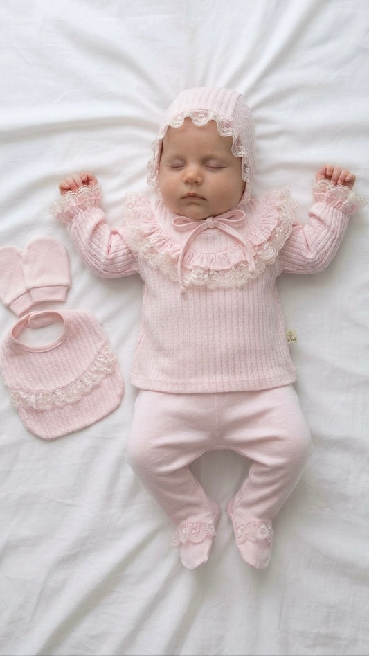 Neugeborenen-Mädchen-Set (0-3 Monate) mit Rüschen - Bio-Baumwolle [rosa]