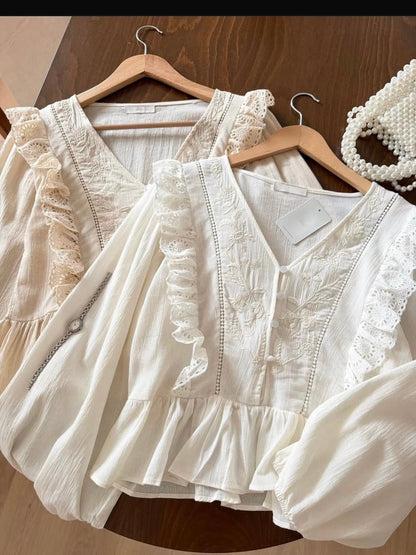 [Premium] Blouse manche ballon en lin - crème