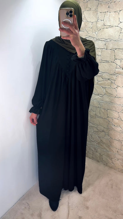 [Premium] Abaya taillée manche fleur - noir pur