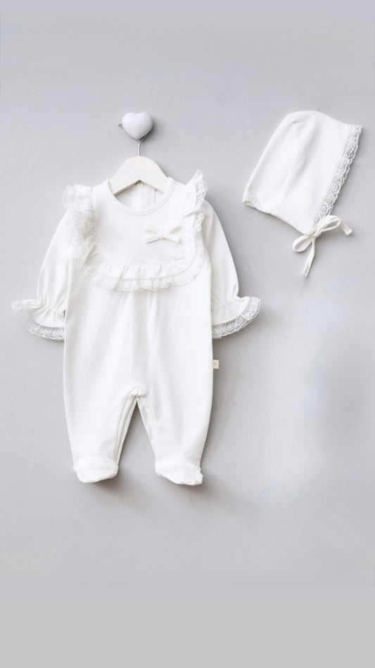 [Gamme Premium] Ensemble bébé fille – blanc pur ou rose perle, coton bio (0-6 mois)