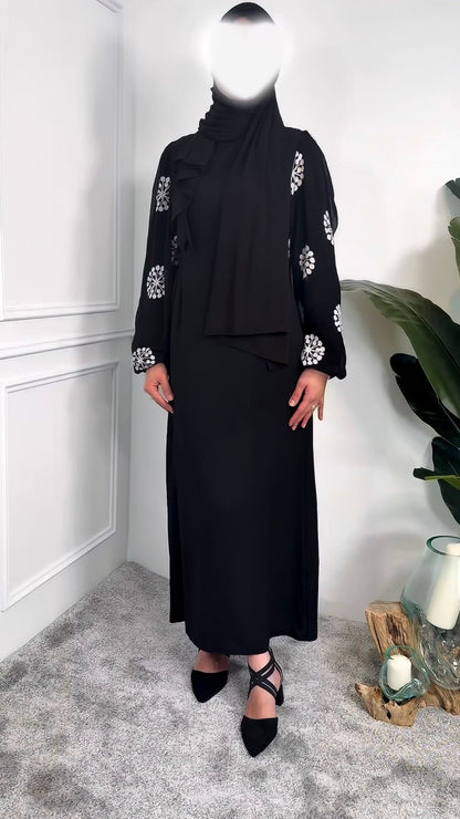 [Premium] robe manche ballon - broderie flocon - noir pur