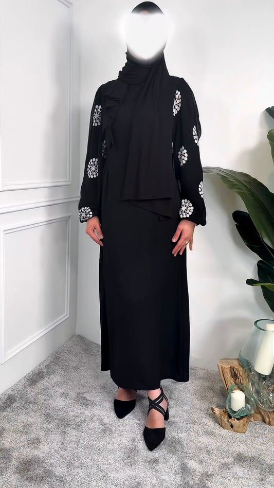 [Premium] robe manche ballon - broderie flocon - noir pur