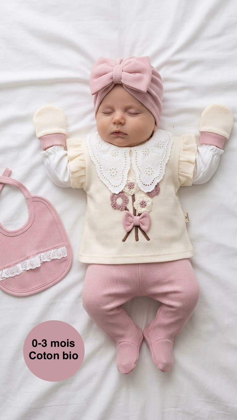 5-teiliges Neugeborenen-Mädchen-Set – Premium-Bio-Baumwolle, Rosa &amp; Creme – 0 bis 3 Monate
