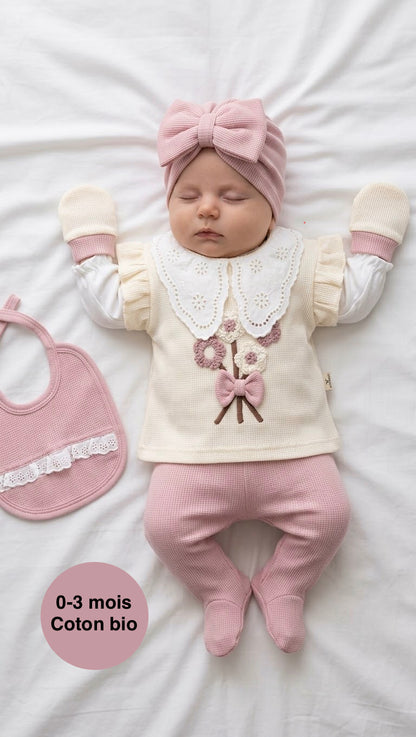 5-teiliges Neugeborenen-Mädchen-Set – Premium-Bio-Baumwolle, Rosa &amp; Creme – 0 bis 3 Monate