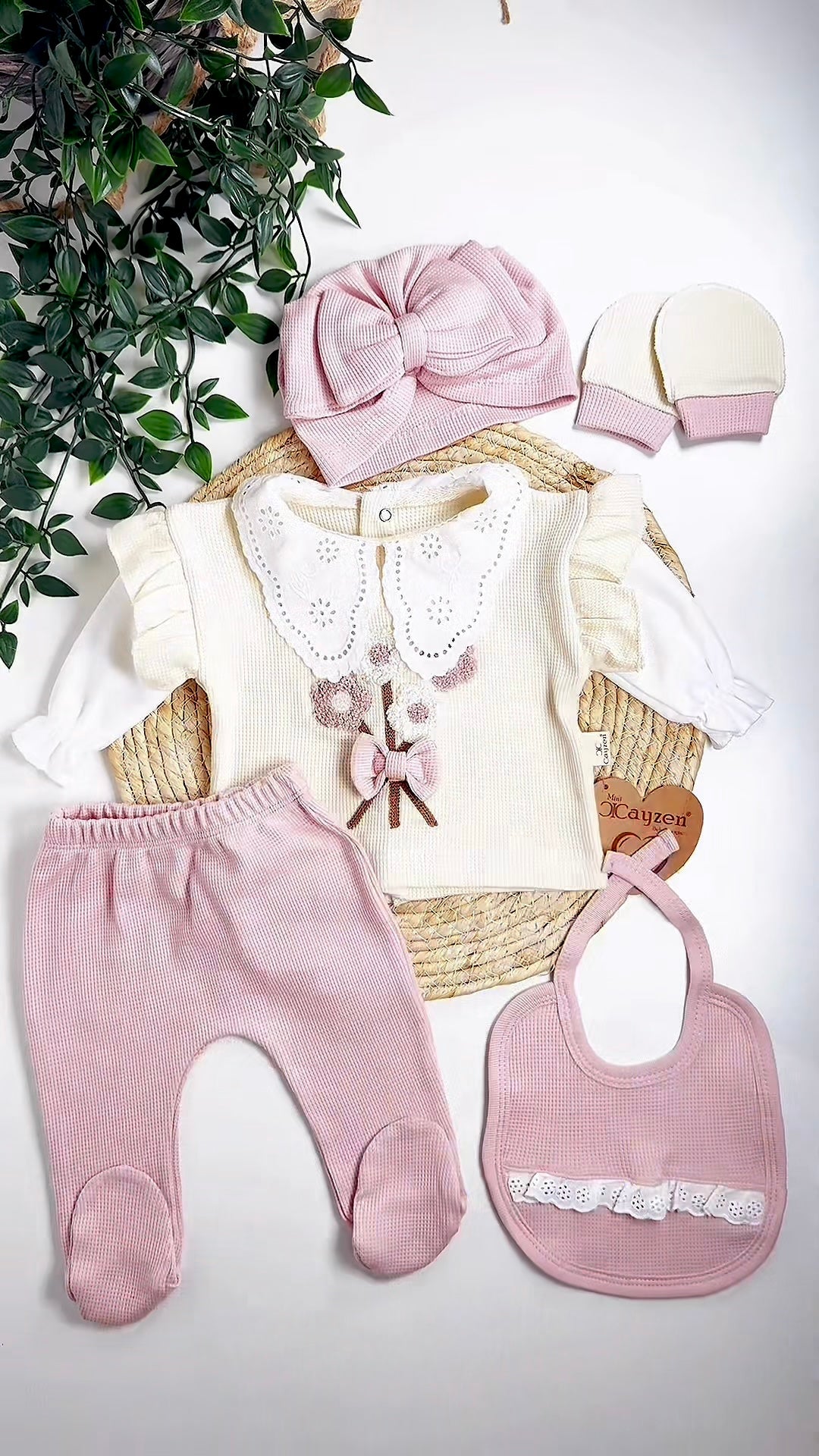 5-teiliges Neugeborenen-Mädchen-Set – Premium-Bio-Baumwolle, Rosa &amp; Creme – 0 bis 3 Monate