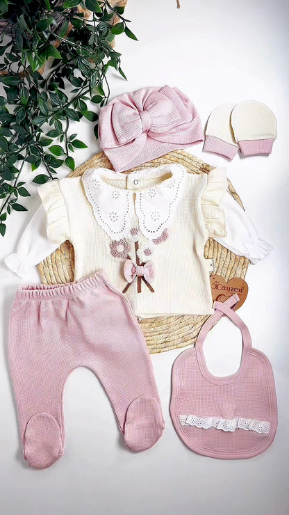 5-teiliges Neugeborenen-Mädchen-Set – Premium-Bio-Baumwolle, Rosa &amp; Creme – 0 bis 3 Monate