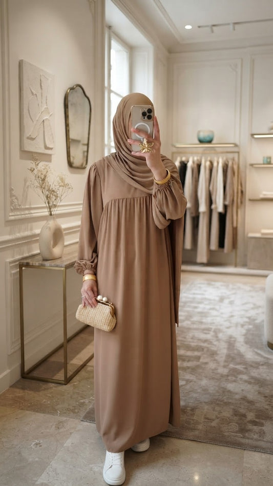 [Premium] Abaya taillée manche ballon - beige ou noir 38/48