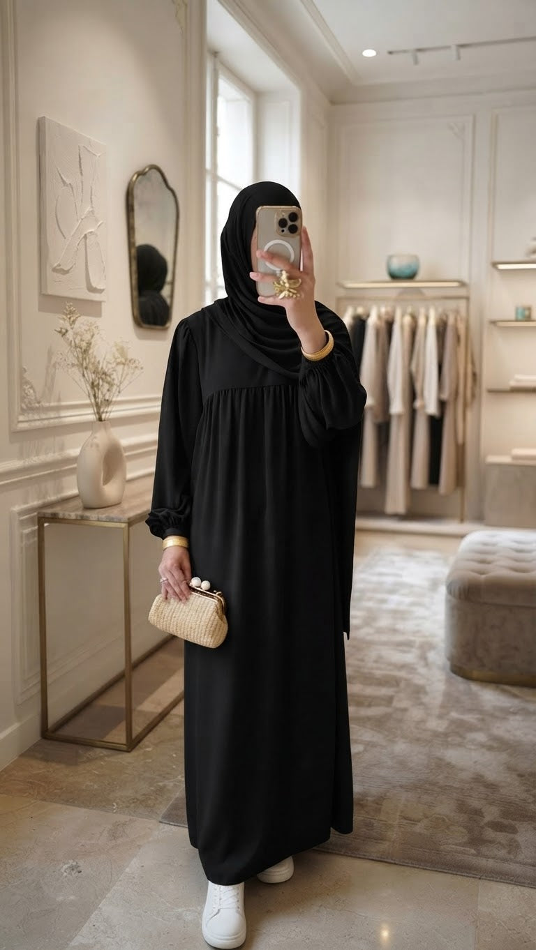 [Premium] Abaya taillée manche ballon - beige ou noir 38/48