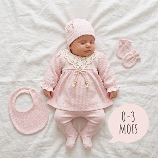 [Gamme Premium] Ensemble bébé fille 5 pièces – Blanc ou rose (0-3 mois)- coton bio