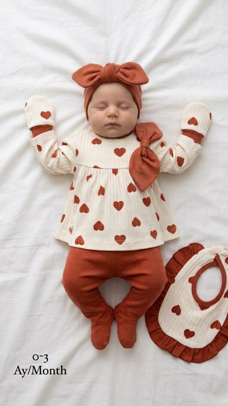Ensemble naissance 100% coton crème et camel – Haut, pantalon, bandana, gants et bavoir – 0-3 mois