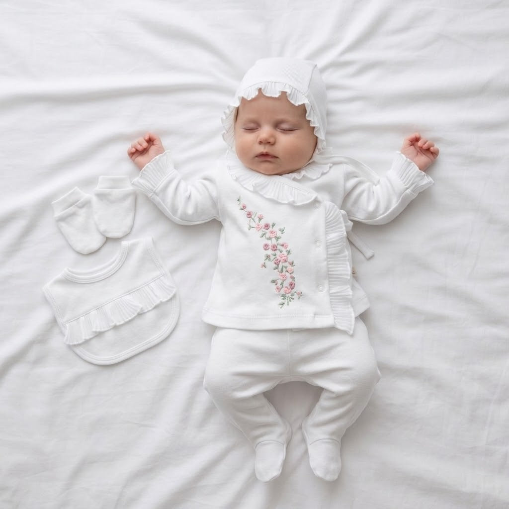 [Premium Range] 5-piece baby girl set – White, organic cotton (0-3 months) or (3-6 months)