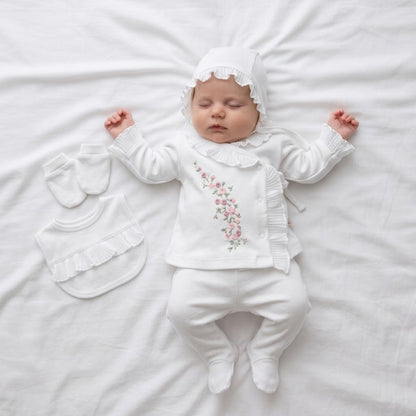 [Premium Range] 5-piece baby girl set – White, organic cotton (0-3 months) or (3-6 months)