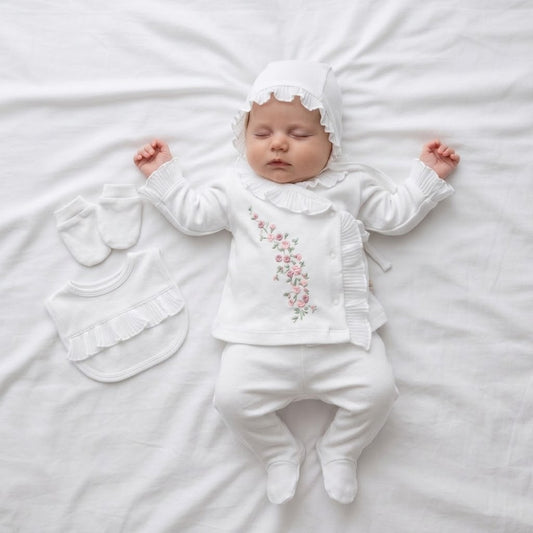 [Premium Range] 5-piece baby girl set – White, organic cotton (0-3 months) or (3-6 months)