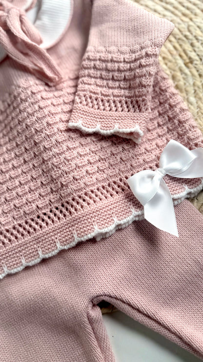 Ensemble naissance fille en maille 3 pièces (0-3 mois) – Rose poudré