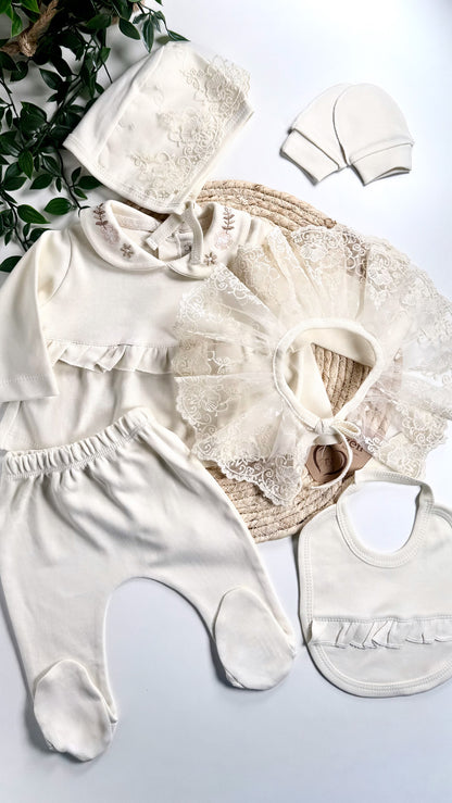 Coffret cadeau ensemble naissance fille beige dentelle 6 pièces coton bio