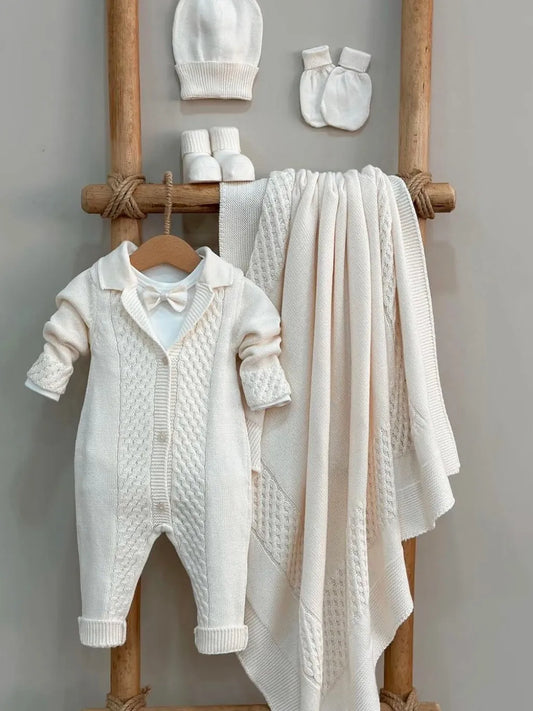 Coffret naissance garçon crème 0-3 mois en tricot coton bio GOTS