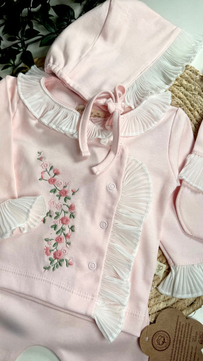 Coffret cadeau ensemble naissance fille 5 pièces rose perle en coton bio 0-3 mois