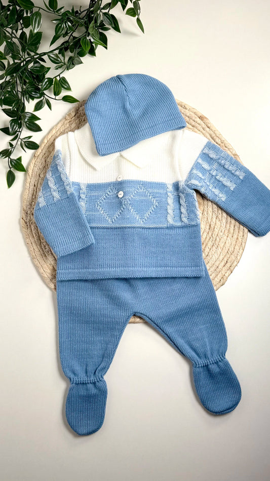 Ensemble naissance garçon en maille bleu marine 0-3 mois, 3 pièces avec bonnet, pantalon et haut certifié OEKO-TEX®