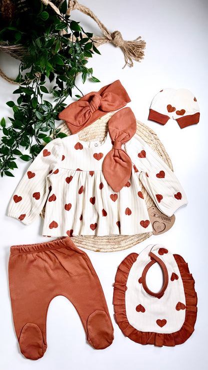 Ensemble naissance complet 5 pièces crème et caramel pour bébé – coton doux premium