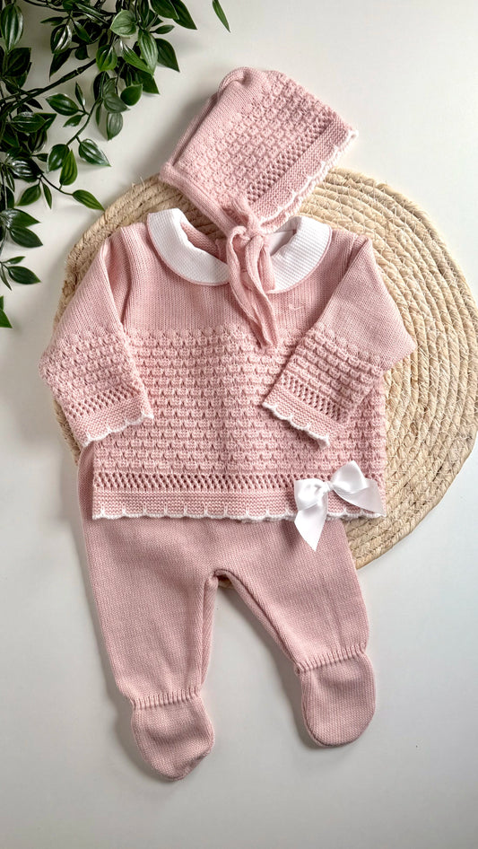 Ensemble naissance fille en maille 3 pièces (0-3 mois) – Rose poudré