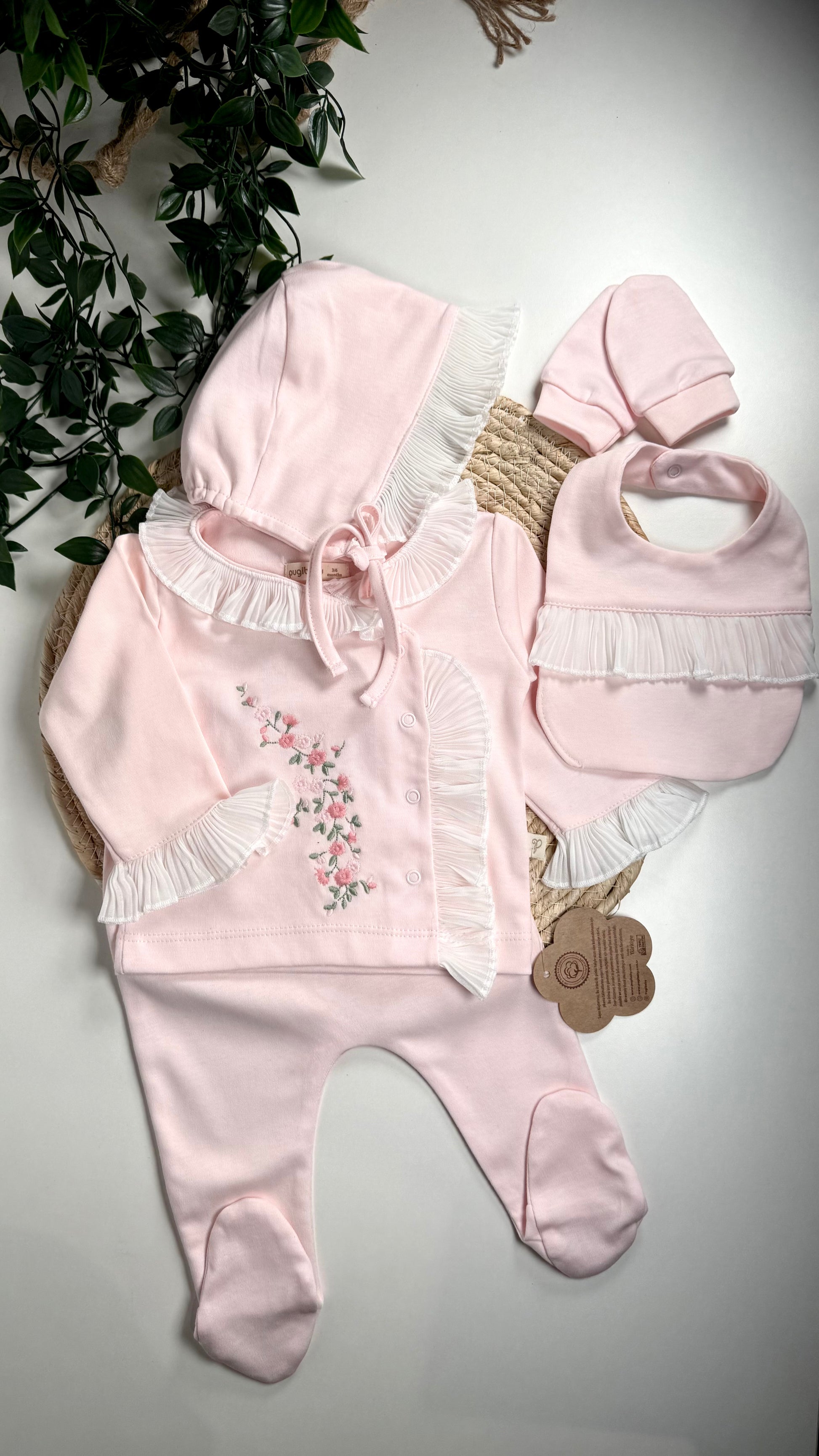 Ensemble naissance fille 5 pièces rose perle en coton bio 0-3 mois avec haut, pantalon, bonnet, gants et bavoir