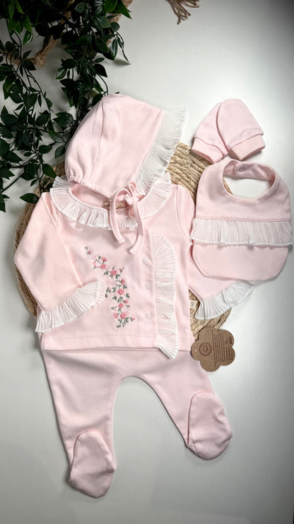 Ensemble naissance fille 5 pièces rose perle en coton bio 0-3 mois avec haut, pantalon, bonnet, gants et bavoir