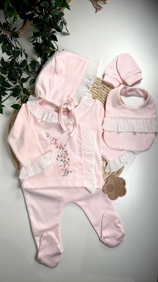 Ensemble naissance fille 5 pièces rose perle en coton bio 0-3 mois avec haut, pantalon, bonnet, gants et bavoir