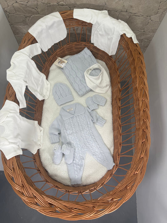 Ensemble naissance garçon 10 pièces bleu coton bio
