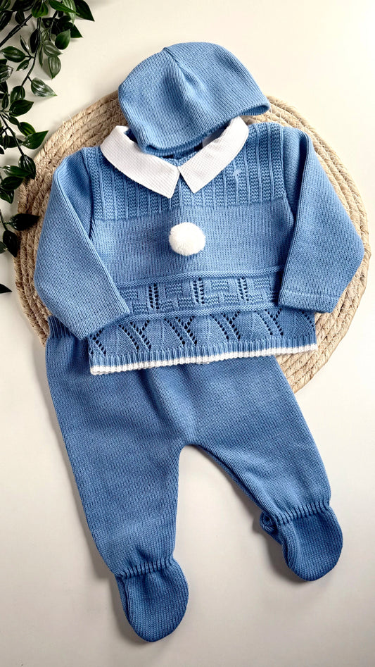 Ensemble naissance en maille 3 pièces 0-3 mois avec bonnet, pantalon et haut, fabriqué en Europe et certifié OEKO-TEX®