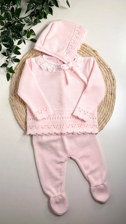 Ensemble naissance en maille rose perle 0-3 mois, 3 pièces avec bonnet, pantalon et haut certifié OEKO-TEX®