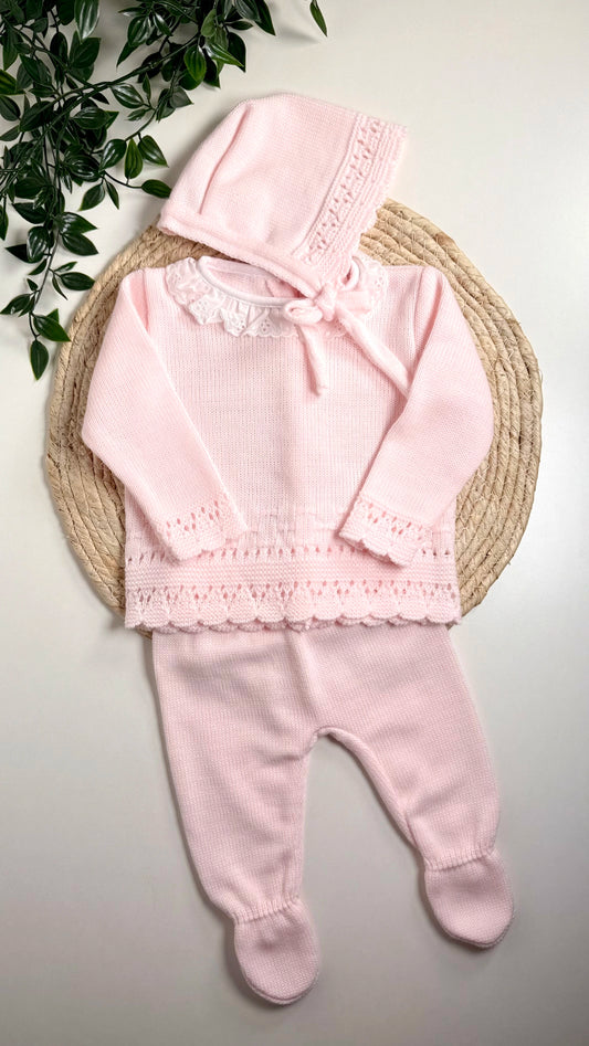 Ensemble naissance en maille rose perle 0-3 mois, 3 pièces avec bonnet, pantalon et haut certifié OEKO-TEX®