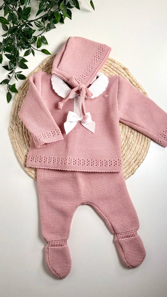 Ensemble naissance fille en maille rose 0-3 mois, 3 pièces avec bonnet, pantalon et haut certifié OEKO-TEX®