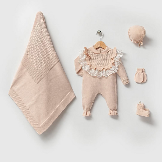 Ensemble naissance bébé fille en coton bio beige 5 pièces