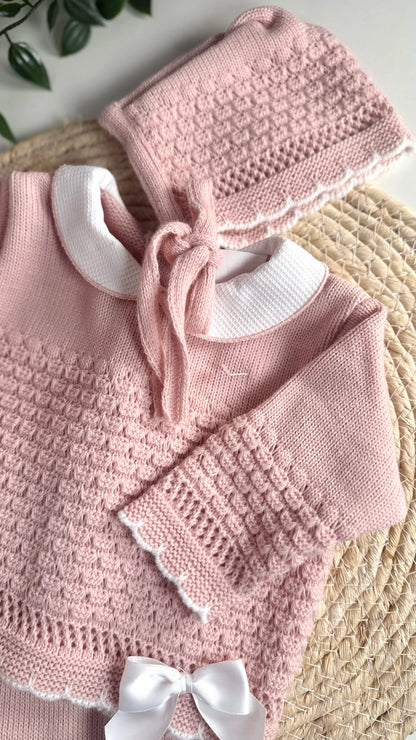 Ensemble naissance fille en maille 3 pièces (0-3 mois) – Rose poudré
